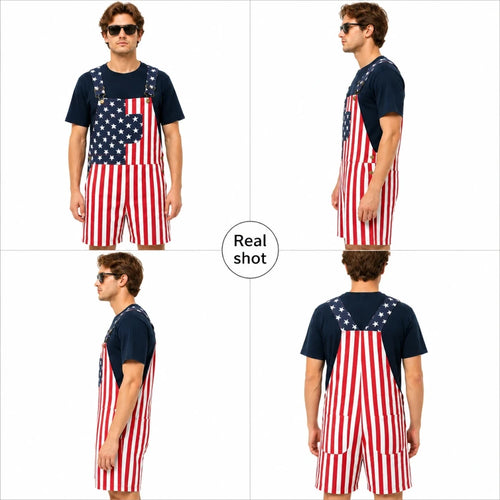 Patriotic American Flag Overalls Shorts for Men Women USA Flag Print Bib Pants Loose Casual Rompers